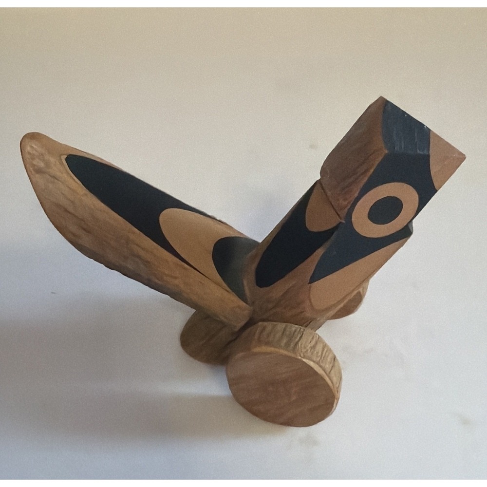 Kishima Japanese Wooden Click Clack Bird Toy on wheels signed Japan Folk Art